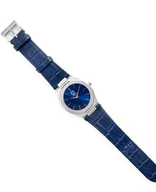 ساعة يد رجالية مع أحزمة جلدية أصلية - أزرق وفضي